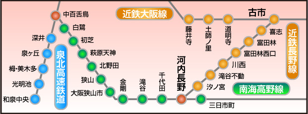 金剛周辺の路線図から駅名を選んで賃貸を探す
